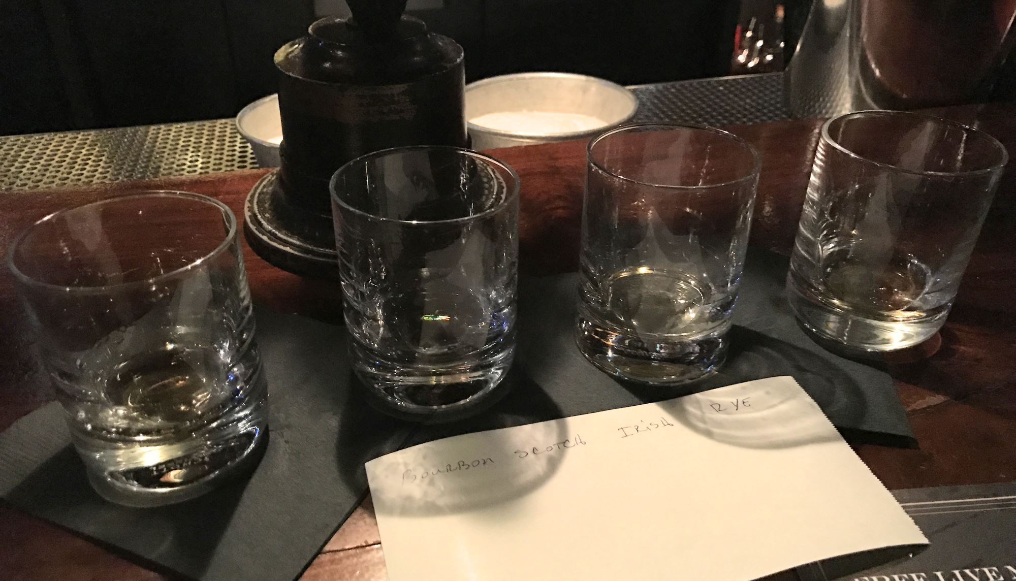 A flight of various Whiskeys at Seven Grand in Downtown LA