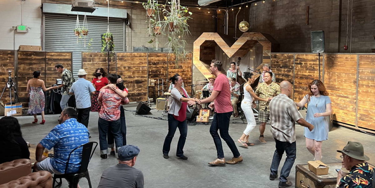 Swing dancers dancing to the Hukilau Hotshots at the Boomtown Brewery