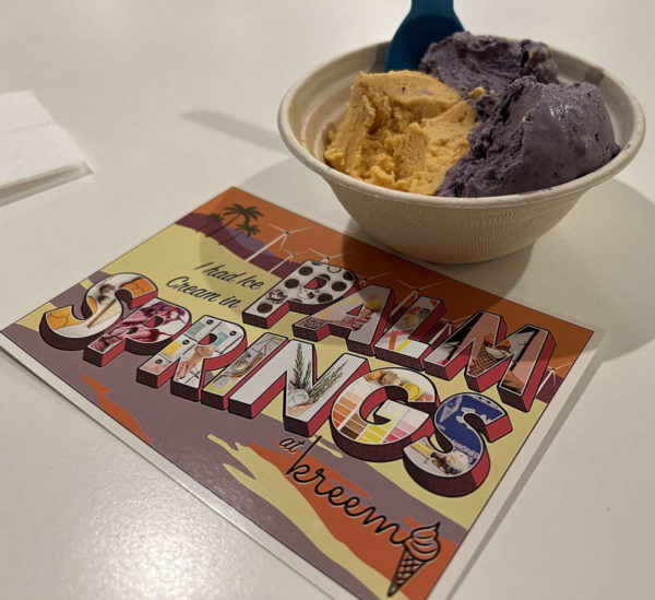Pumpkin and blueberry Ice cream with postcard from Kreem